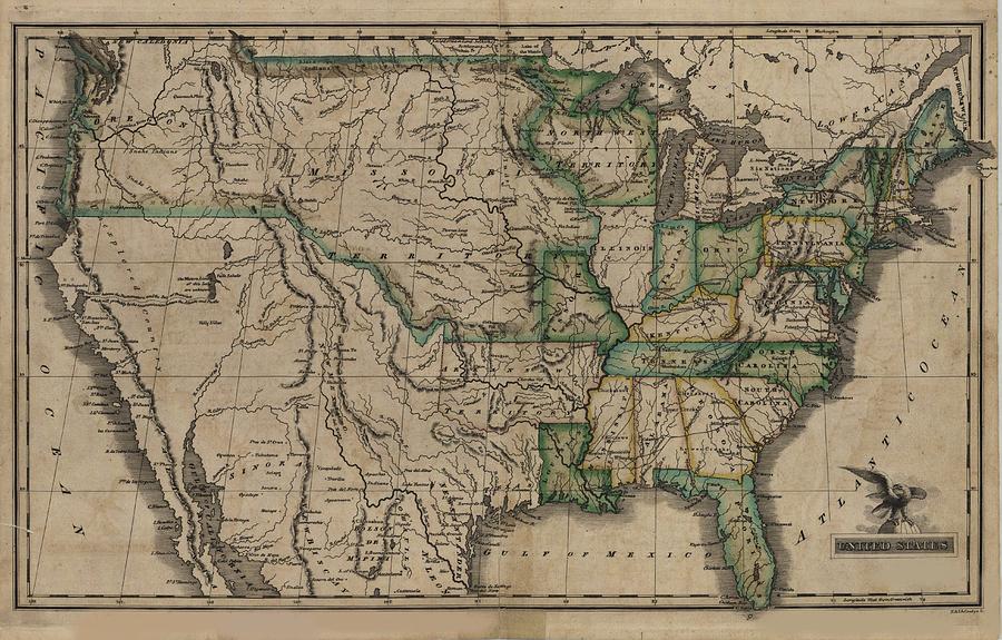 Vintage Map Of The United States - 1823 Drawing