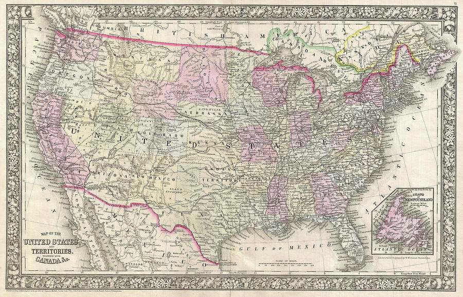 Vintage Map of The United States - 1866 Drawing by ...