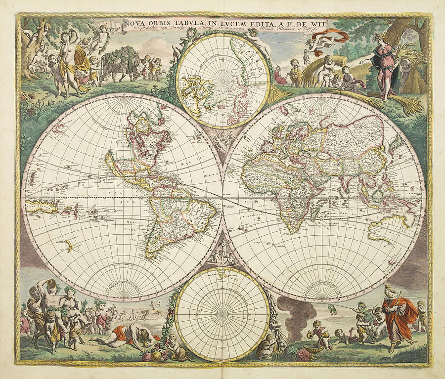 Vintage Map of The World - 1680 Drawing by CartographyAssociates - Fine ...