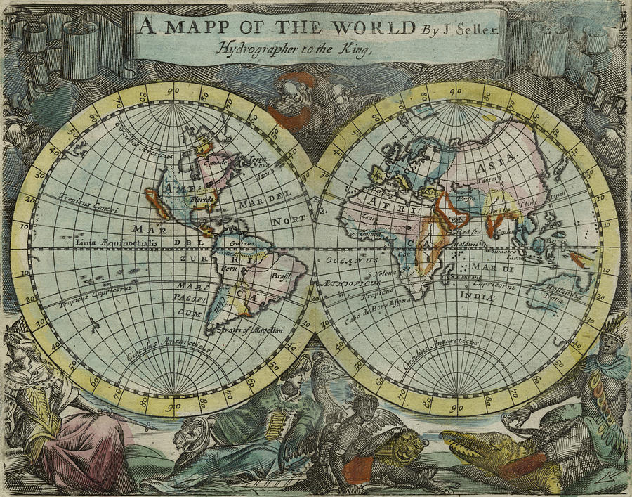 Old DECORATIVE WORLD MAP De Wit approx 1682 Paper Canvas 