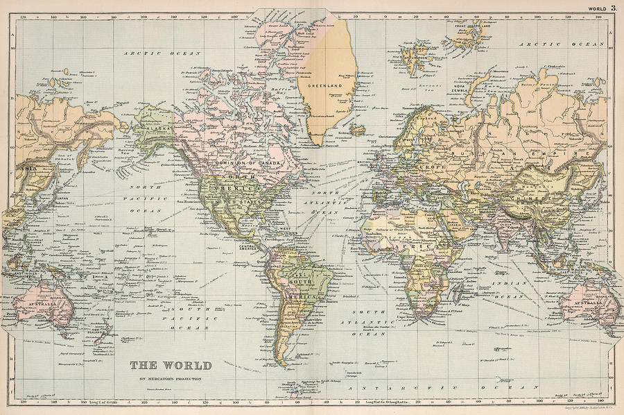 Vintage Map of The World - 1892 Drawing by CartographyAssociates - Fine ...