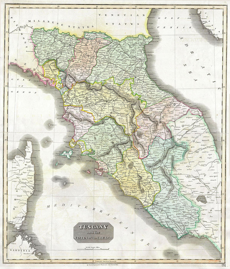 Vintage Map Of Tuscany Italy - 1814 Drawing
