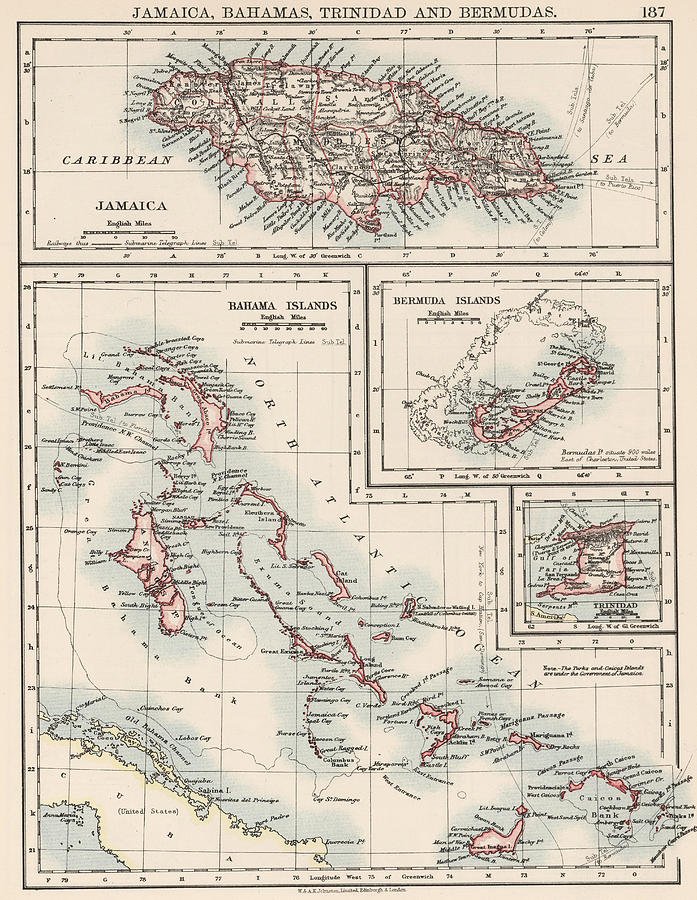 Vintage Map of Various Caribbean Islands Drawing by