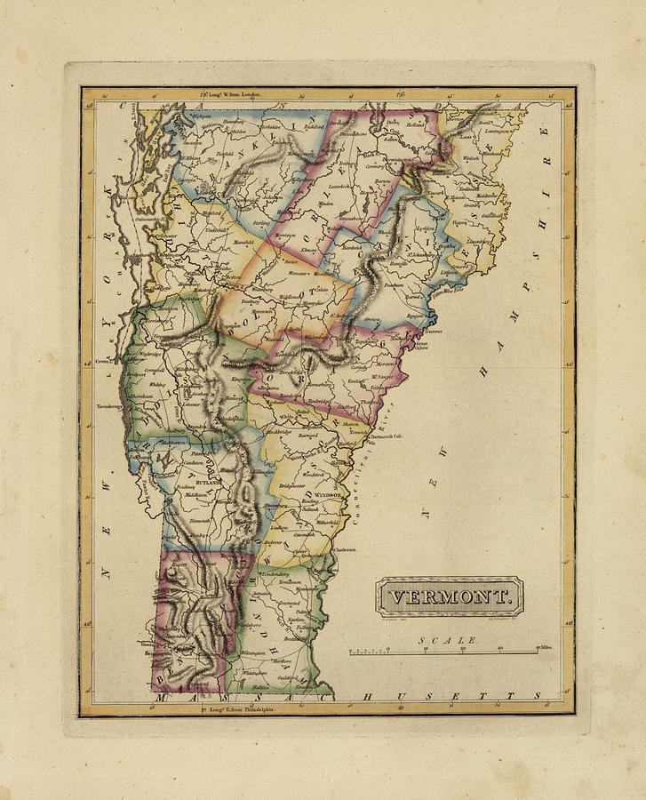 Antique Map of Vermont Painting by Fielding Lucas