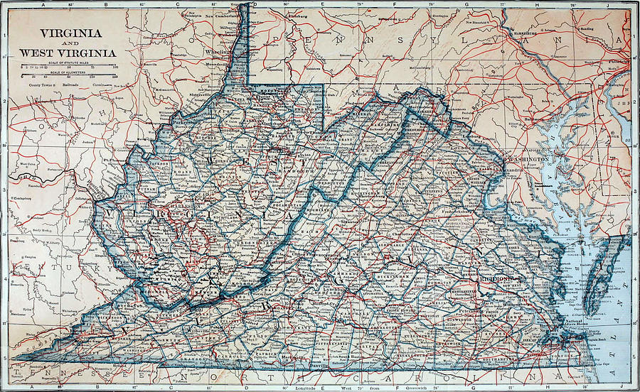 Vintage Map Of Virginia And West Virginia Drawing By ...