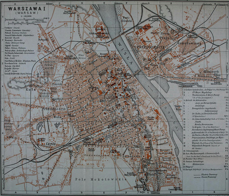 Vintage Map Of Warsaw Poland - 1914 Drawing
