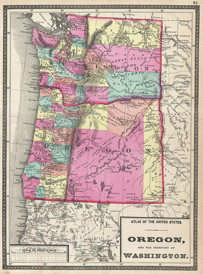 Washington Map Drawing - Vintage Map of Washington and Oregon - 1872 by CartographyAssociates