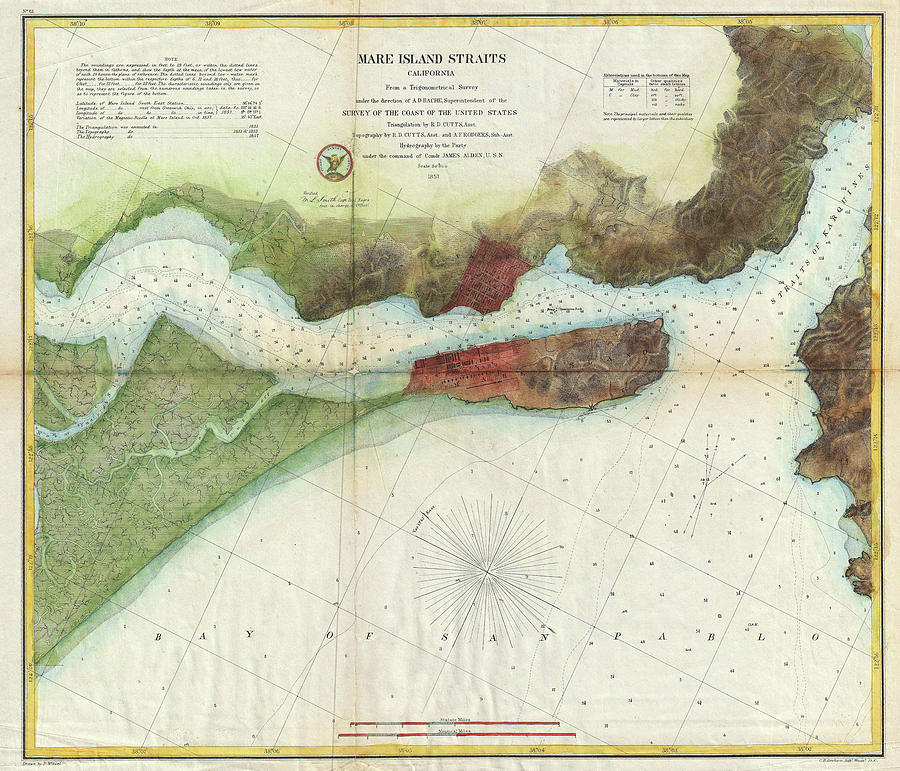 Vintage Mare Island Strait And Vallejo Map - 1857 Drawing