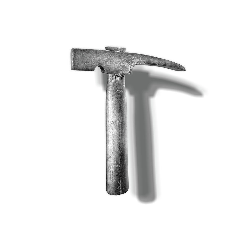 Vintage Masonry Hammer Floating on White in BW Photograph by YoPedro