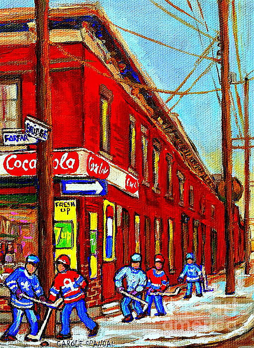 Vintage Montreal Winter Street Scene Art Goose Village Piche Grocery Store Carole Spandau            Painting by Carole Spandau