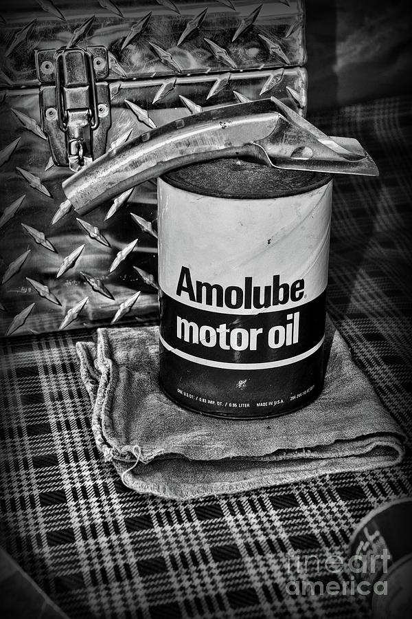Vintage Motor Oil Can and Pour Spout in black and white Photograph by Paul Ward