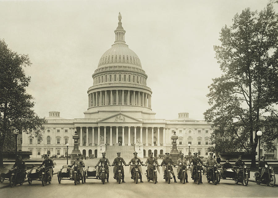 Architecture Photograph - Vintage Motorcycle Police - Washington DC  by War Is Hell Store
