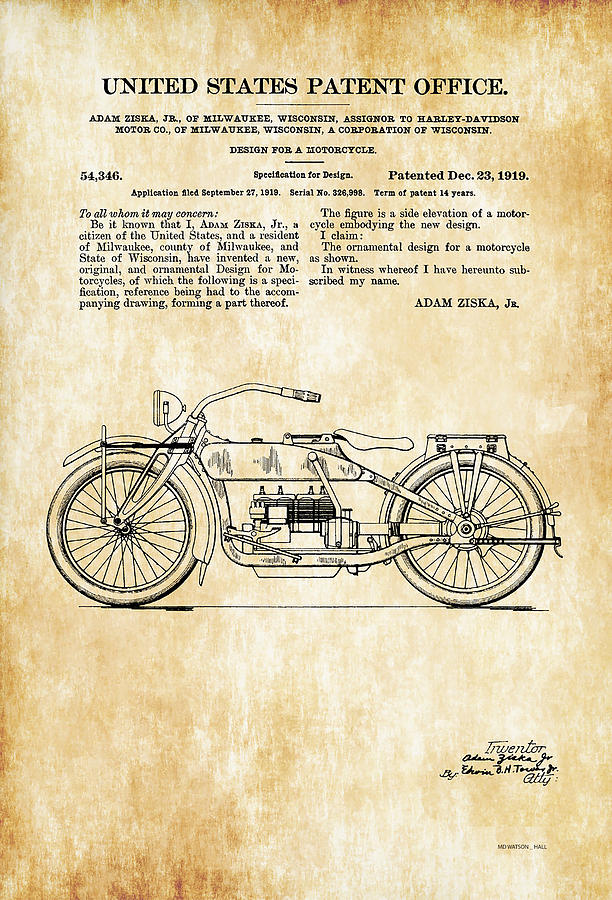 Vintage Motorcycle US Patent Art - 1919 Digital Art by Marlene Watson