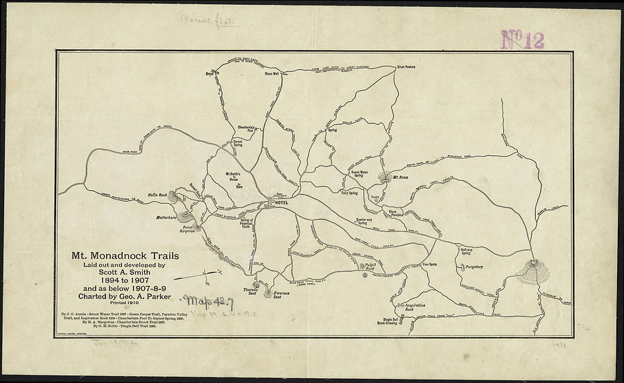 Mount Monadnock Drawing - Vintage Mount Monadnock Trail Map - 1910 by CartographyAssociates