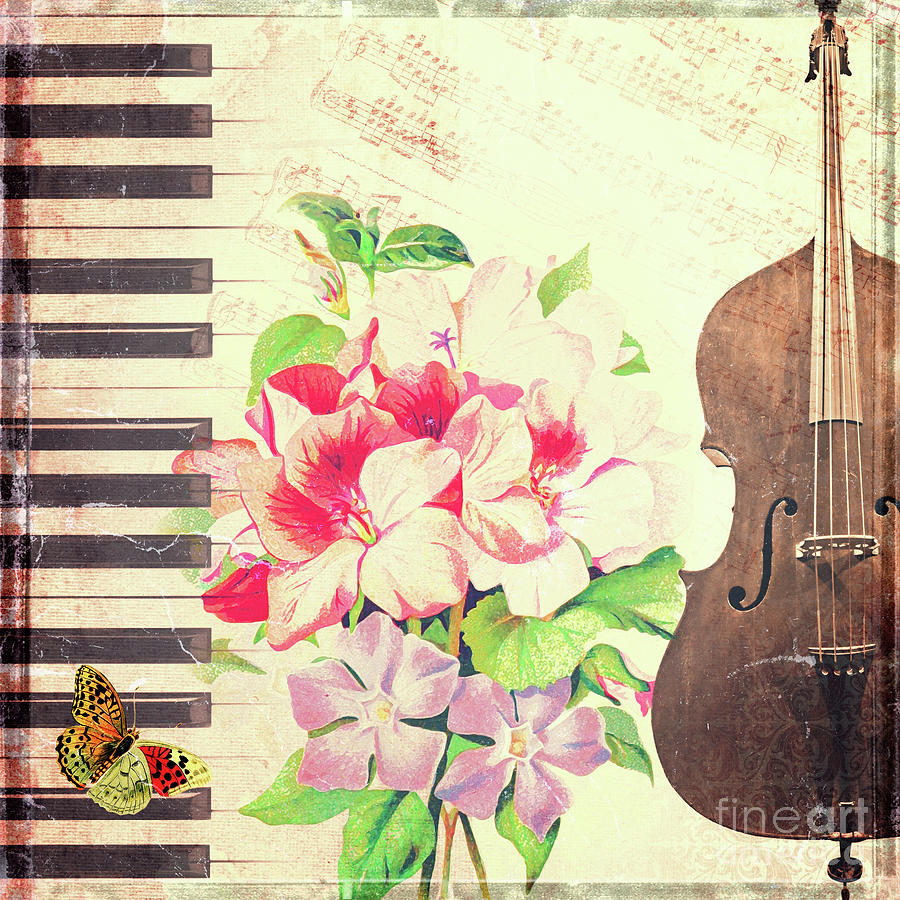Piano and cello vintage music collage Mixed Media by Delphimages Photo Creations