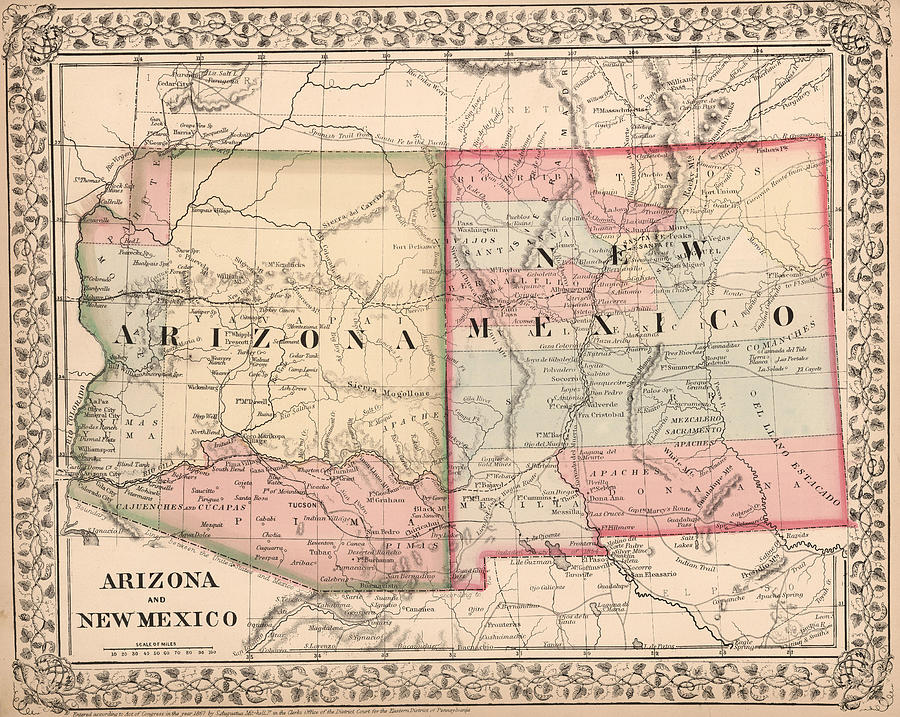 Vintage New Mexico and Arizona Map  Drawing by CartographyAssociates