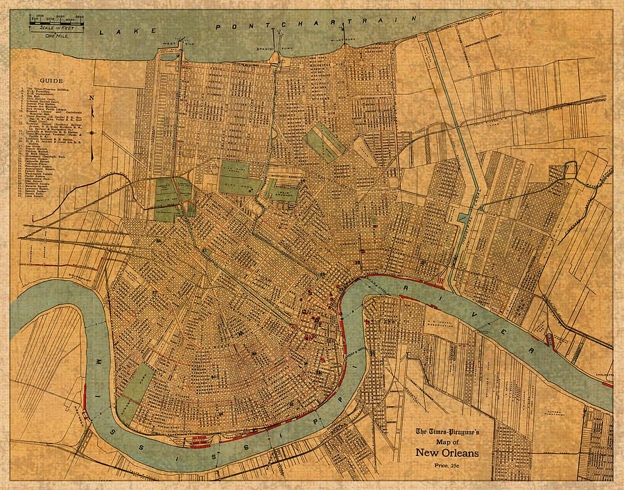 Vintage New Orleans Louisiana Street Map 1919 Retro Cartography Print ...