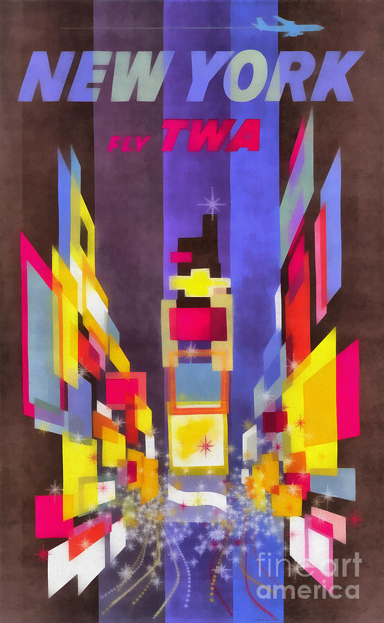 Vintage New York Fly TWA Times Square Painting by Edward Fielding