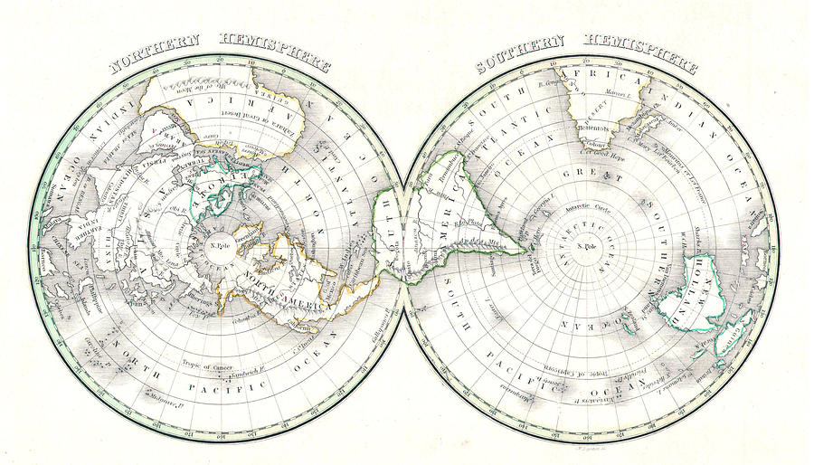 Vintage Northern and Southern World Hemisphere Drawing by Adam Shaw