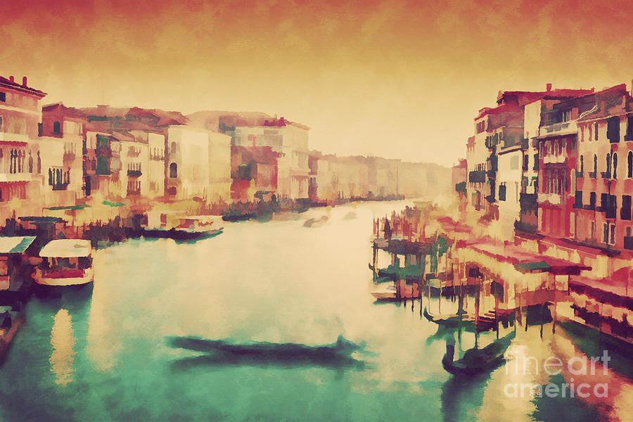 Vintage painting of Venice, Italy. Gondola floats on Grand Canal Photograph by Michal Bednarek