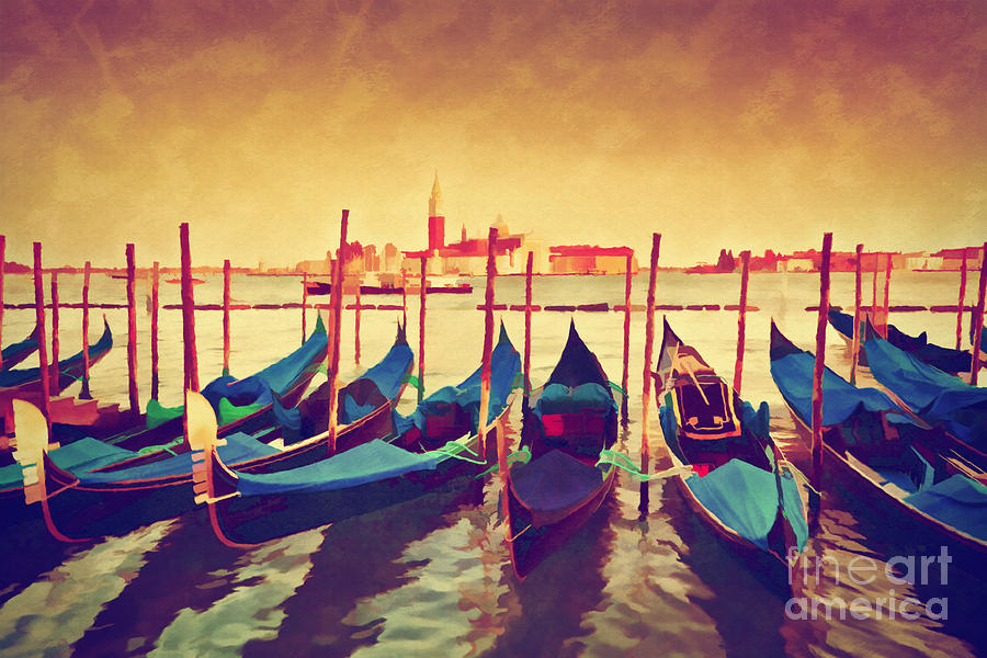 Vintage painting of Venice, Italy. Gondolas on Grand Canal  Photograph by Michal Bednarek