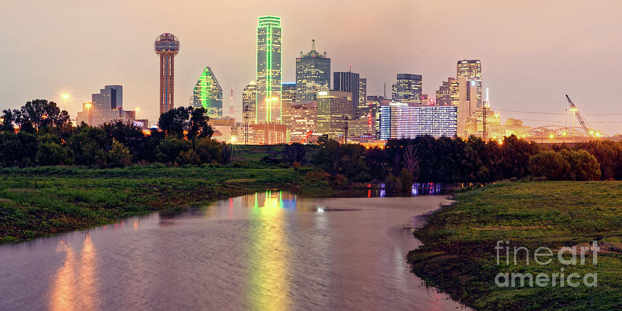 Vintage Panorama of Dallas Skyline at Night - Dallas DFW North Texas Photograph by Silvio Ligutti