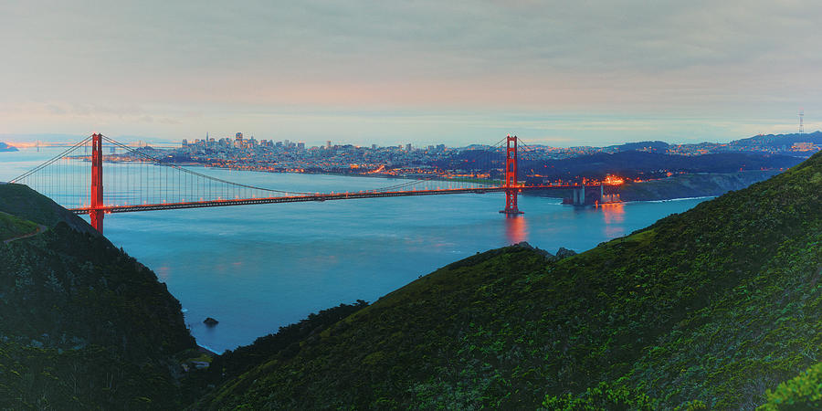 Vintage Panorama of the Golden Gate Bridge from the Marin Headlands - San Francisco California Photograph by Silvio Ligutti