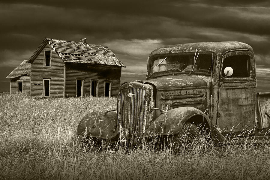 Landscape Photograph - Vintage Pickup in Sepia Tone by an Abandoned Farm House by Randall Nyhof
