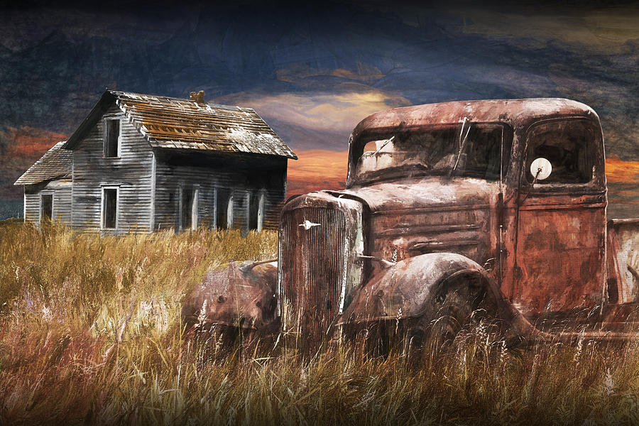 Vintage Pickup with Abandoned Farm House Photograph by Randall Nyhof