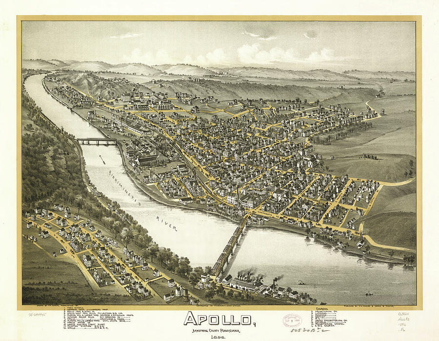 Vintage Pictorial Map Of Apollo Pa - 1896 Drawing