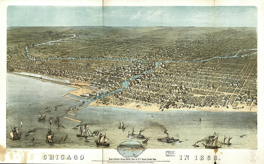 Vintage Pictorial Map Of Chicago - 1868 Drawing