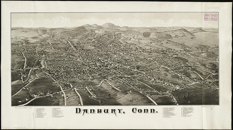 Vintage Pictorial Map of Danbury CT - 1884 Drawing by CartographyAssociates
