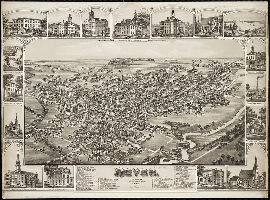 Vintage Pictorial Map Of Dover Delaware - 1885 Drawing