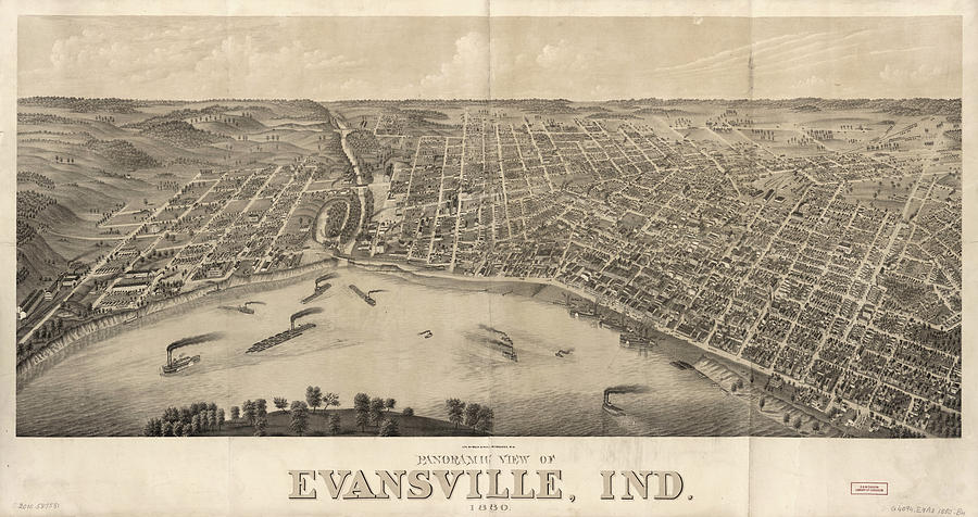 Vintage Pictorial Map Of Evansville Indiana - 1880 Drawing