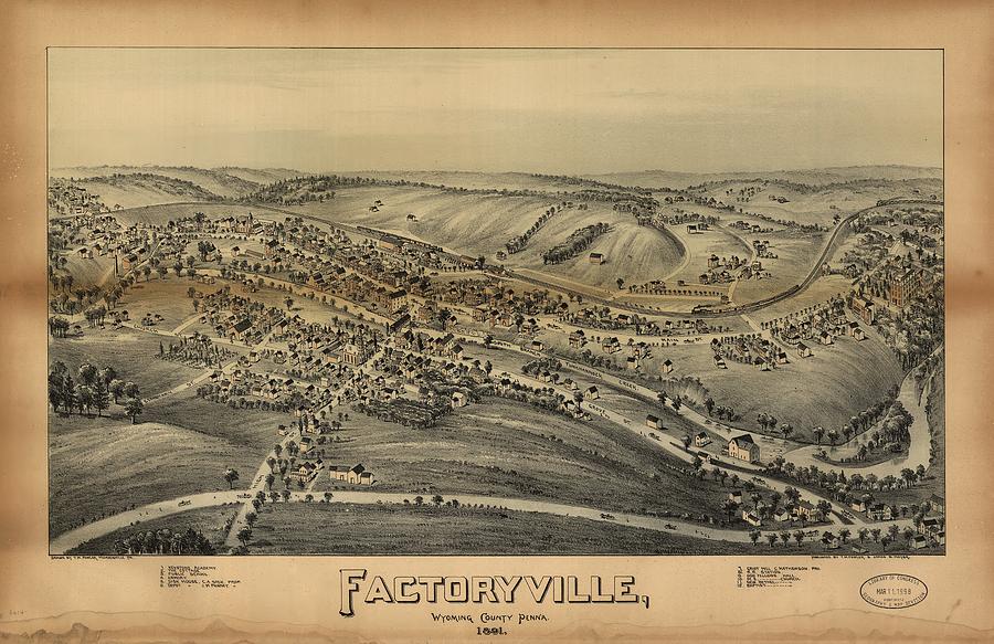 Vintage Pictorial Map Of Factoryville Pa - 1891 Drawing