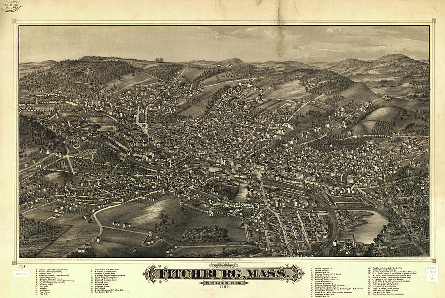 Vintage Pictorial Map Of Fitchburg Ma - 1882 Drawing