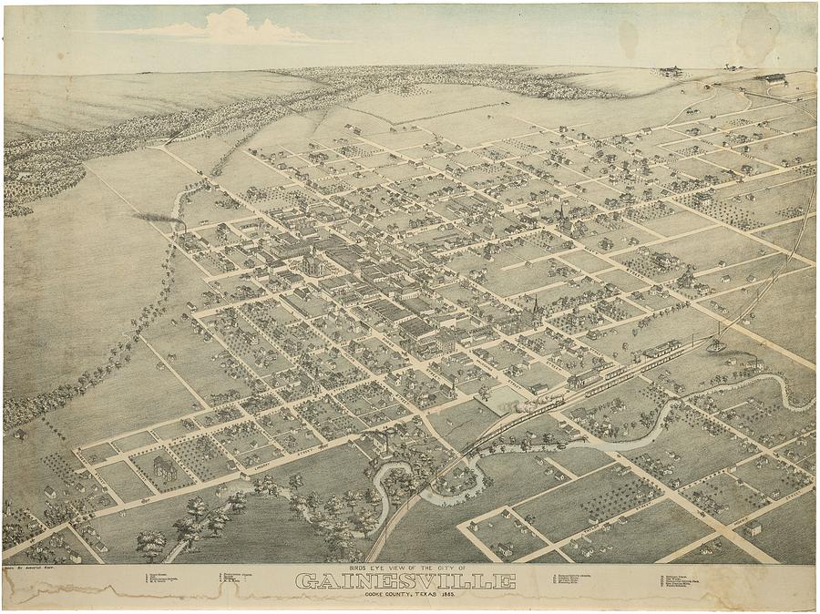 Vintage Pictorial Map Of Gainesville Texas - 1883 Drawing