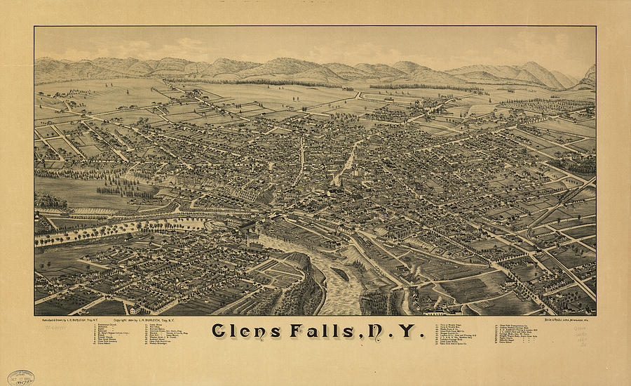 Vintage Pictorial Map Of Glens Falls Ny - 1884 Drawing