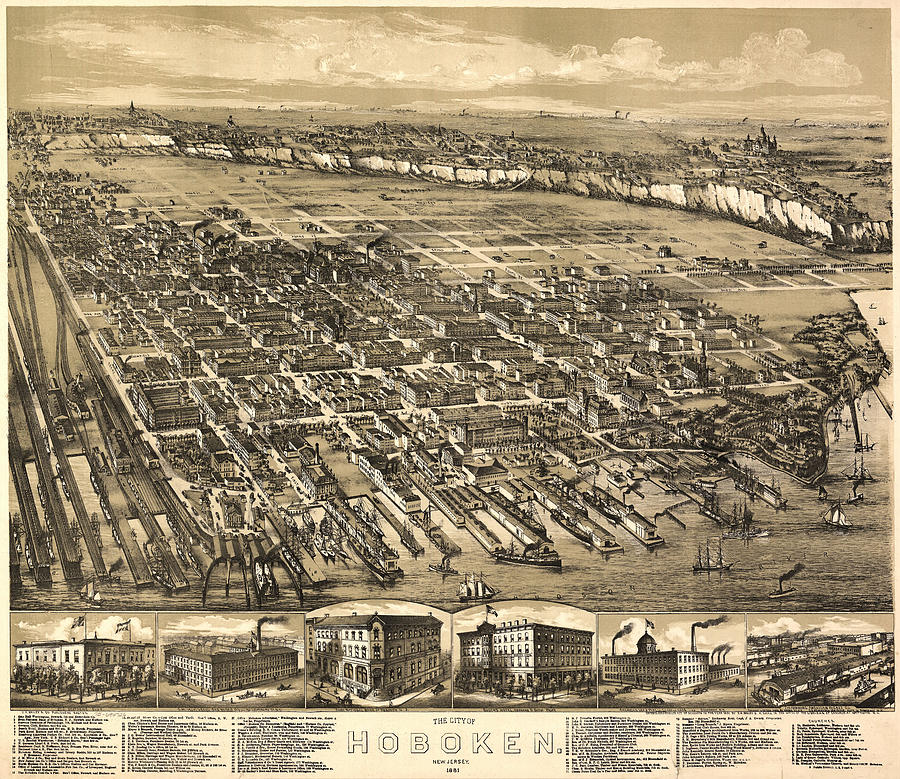 Vintage Pictorial Map of Hoboken NJ - 1881 Drawing by ...