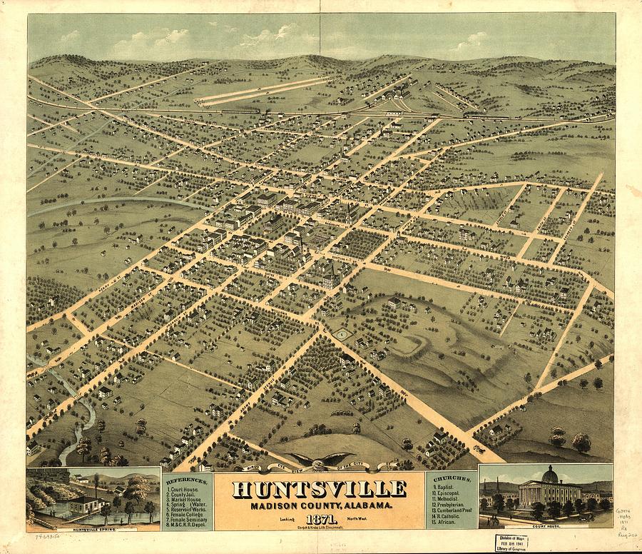 Vintage Pictorial Map Of Huntsville Alabama - 1871 Drawing