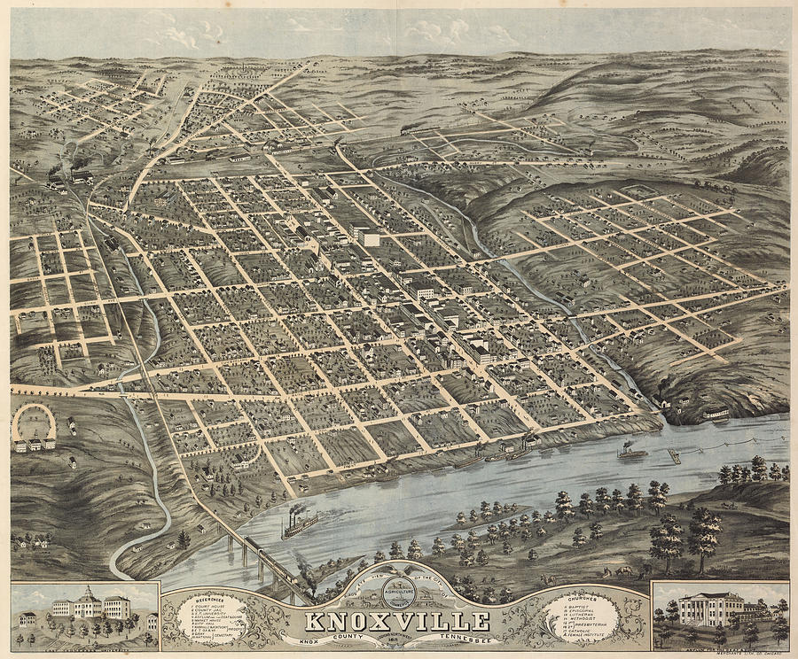 Vintage Pictorial Map of Knoxville - 1871 Drawing by ...