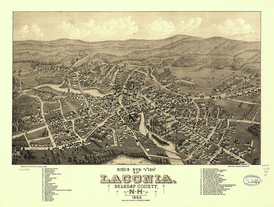 Vintage Pictorial Map Of Laconia Nh - 1883 Drawing