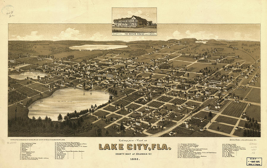 Vintage Pictorial Map Of Lake City Florida - 1885 Drawing