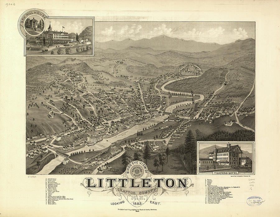 Vintage Pictorial Map Of Littleton Nh - 1883 Drawing