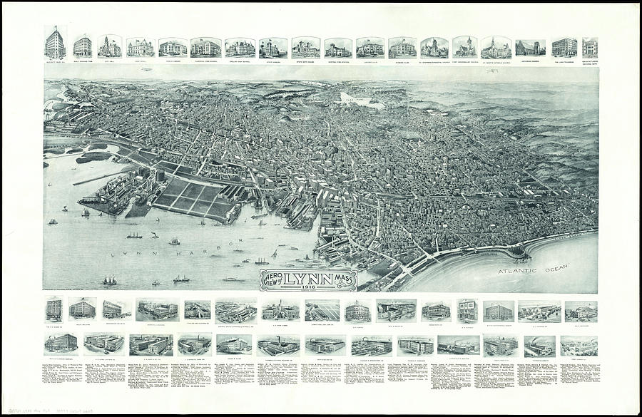 Vintage Pictorial Map Of Lynn Massachusetts - 1916 Drawing