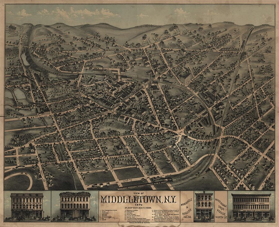 Vintage Pictorial Map of Middletown NY 1874 Drawing by CartographyAssociates Pixels