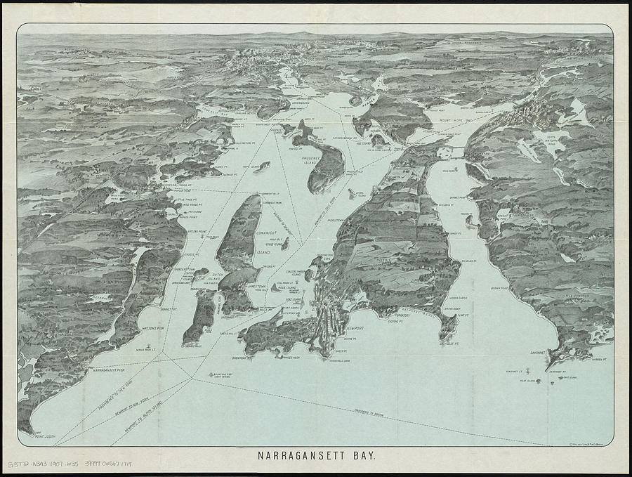 Narragansett Bay Drawing - Vintage Pictorial Map of Narragansett Bay - 1907 by CartographyAssociates