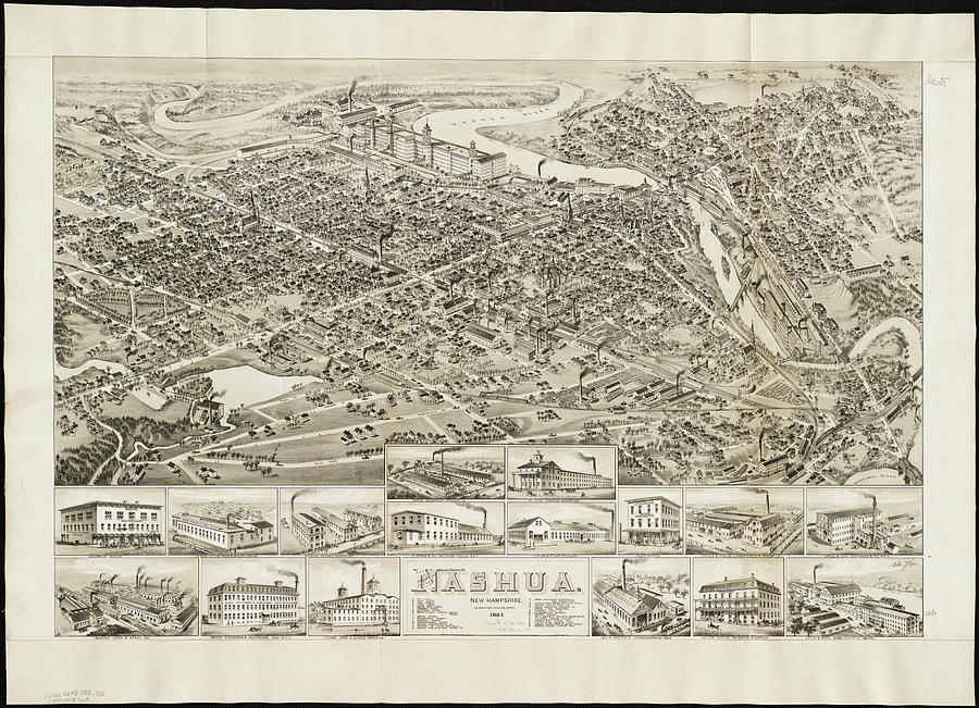 Vintage Pictorial Map of Nashua NH - 1883 Drawing by ...