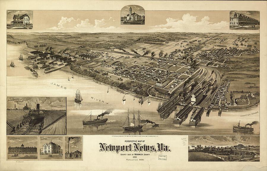 Vintage Pictorial Map Of Newport News Va - 1891 Drawing