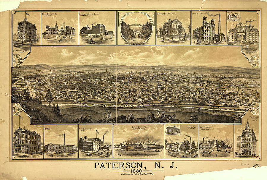 Vintage Pictorial Map Of Paterson Nj - 1880 Drawing